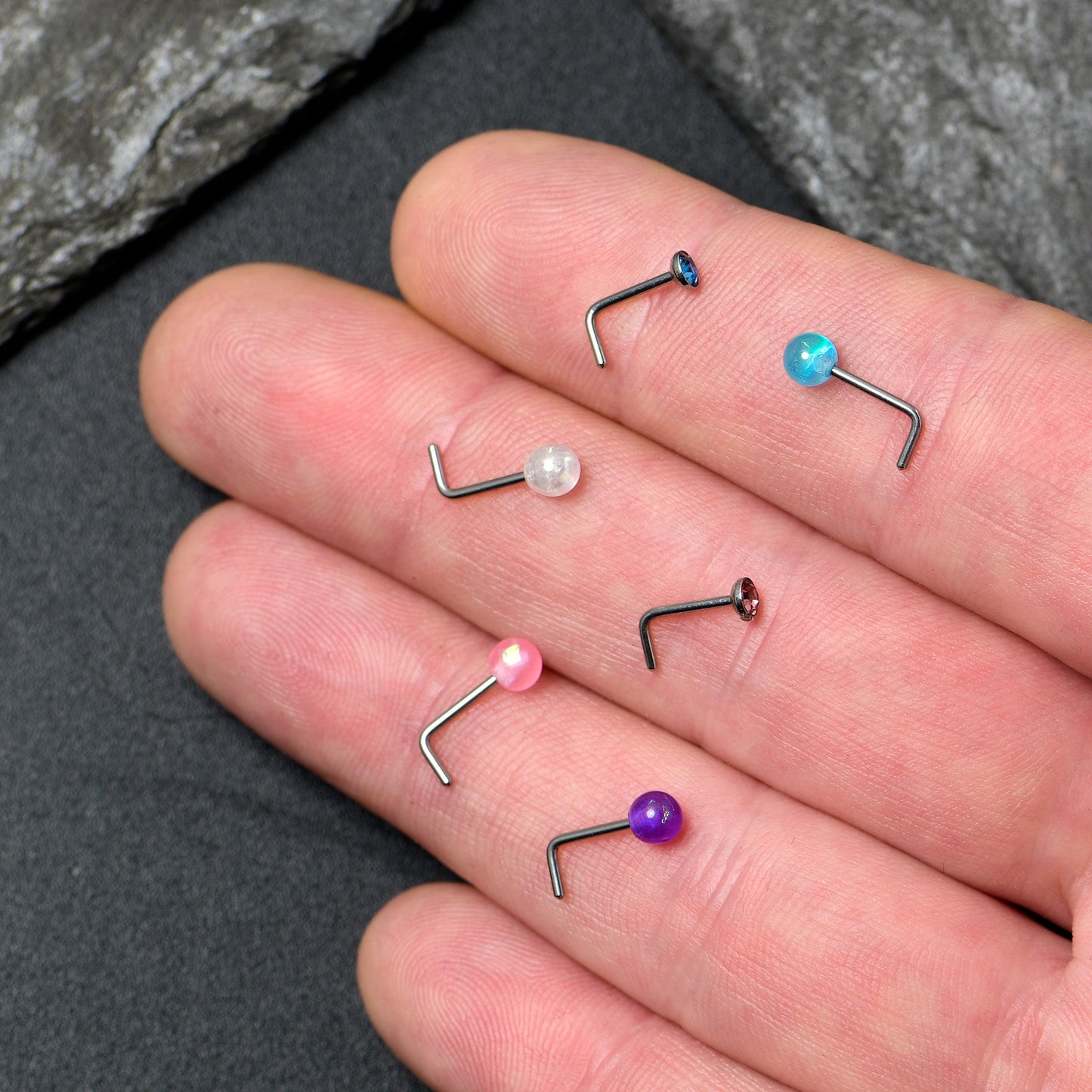 20G 1/4 Pink Gem Purple Pink Faux Opal Pack L Shape Nose Ring Set of 6
