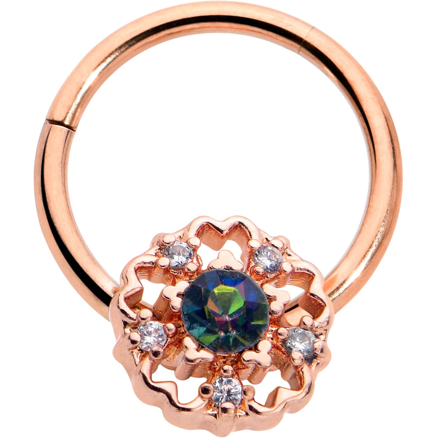16G 3/8 Vitrail Gem Rose Gold Hue Flower Hinged Segment Ring