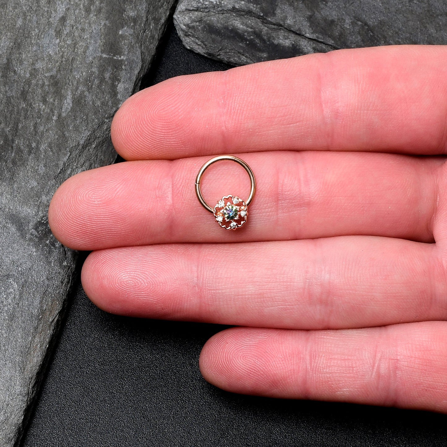 16G 3/8 Vitrail Gem Rose Gold Hue Flower Hinged Segment Ring