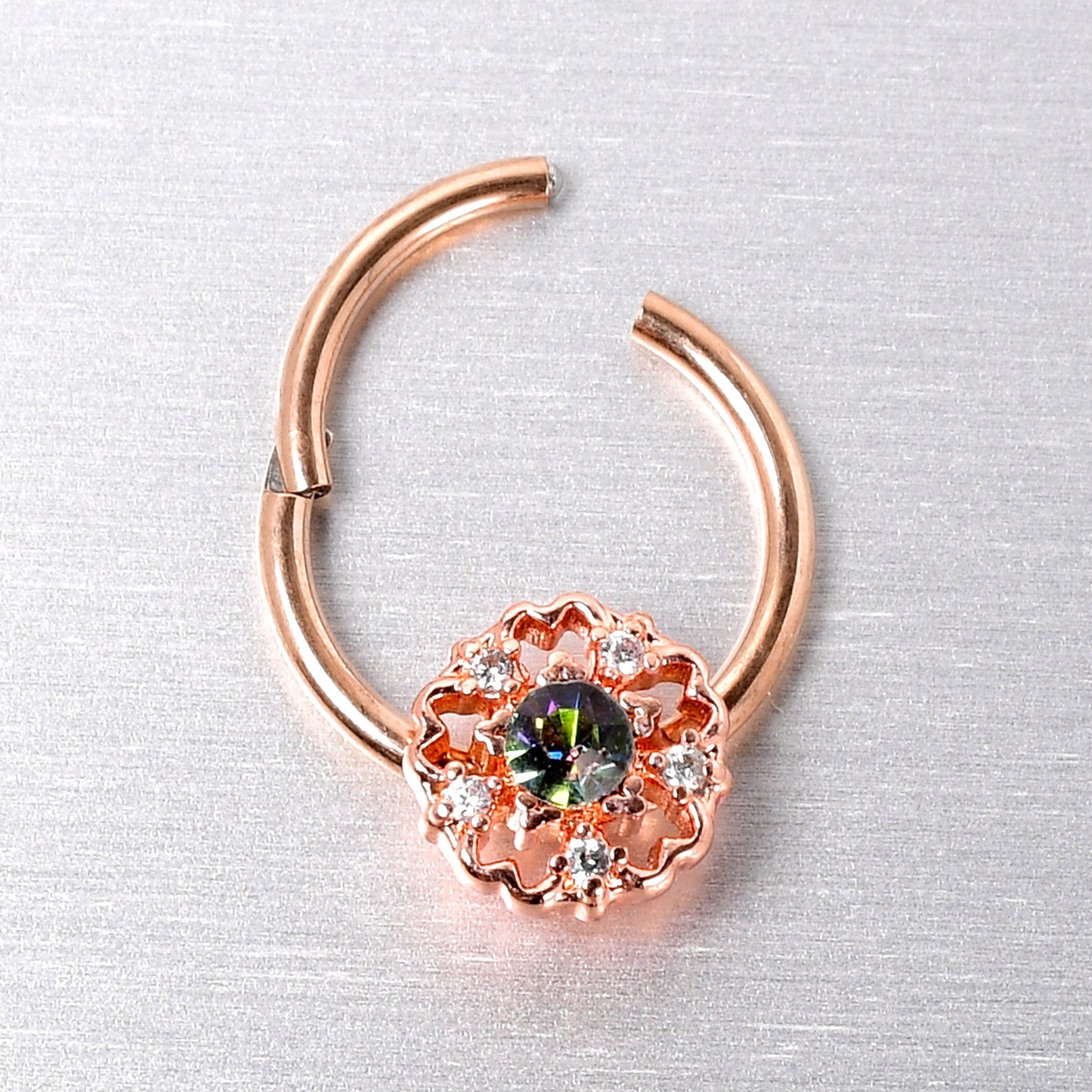 16G 3/8 Vitrail Gem Rose Gold Hue Flower Hinged Segment Ring