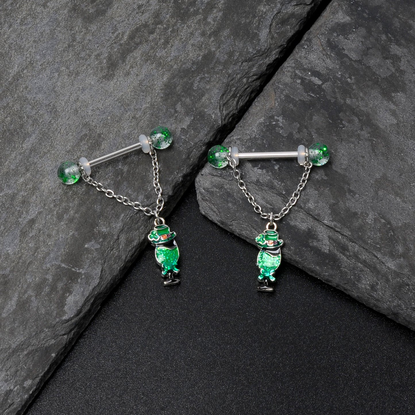 14G 9/16 Fancy Leprechaun St Patricks Chain Dangle Nipple Ring Set