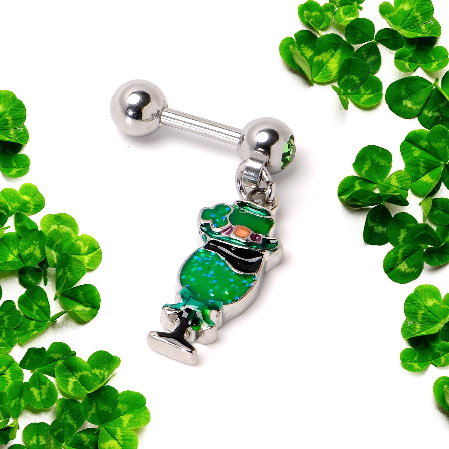 16G 1/4 Green Gem Fancy Leprechaun Dangle Cartilage Tragus Earring