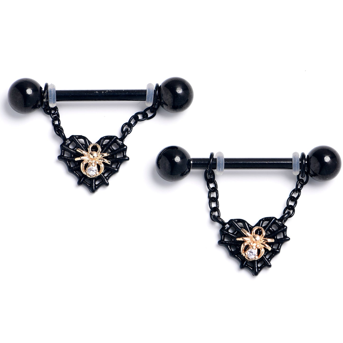 14G 9/16 Clear Gem Black Golden Spider Web Dangle Nipple Ring Set