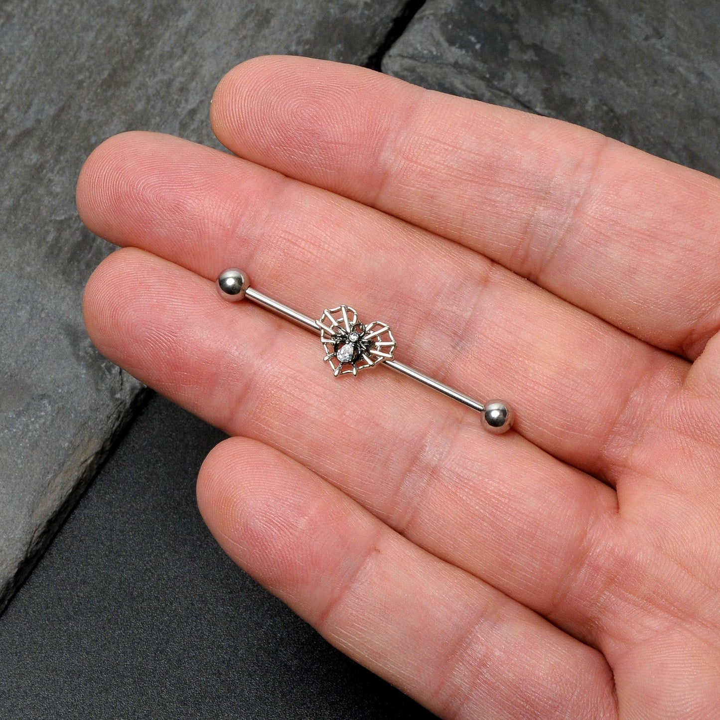 14G Clear CZ Gem Heart of Spider Industrial Barbell 38mm