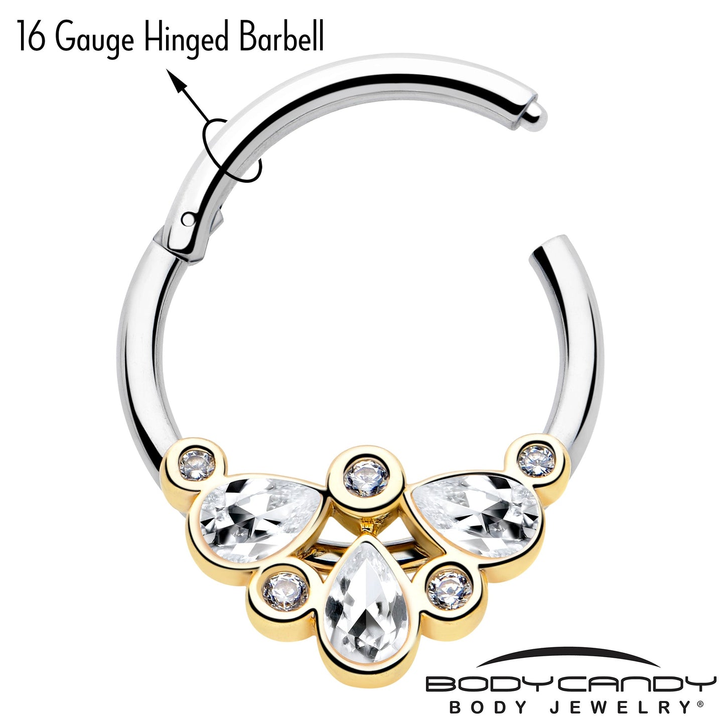16G 3/8 Clear Gem Golden Crown Deluxe Hinged Segment Ring