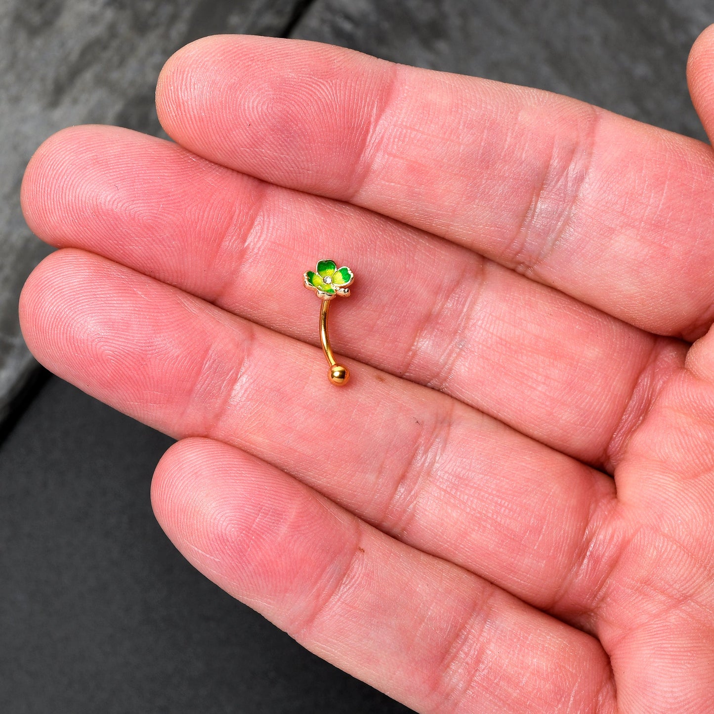 16G 5/16 Clear Gem Gold Tone Lucky Shamrock Curved Eyebrow Ring