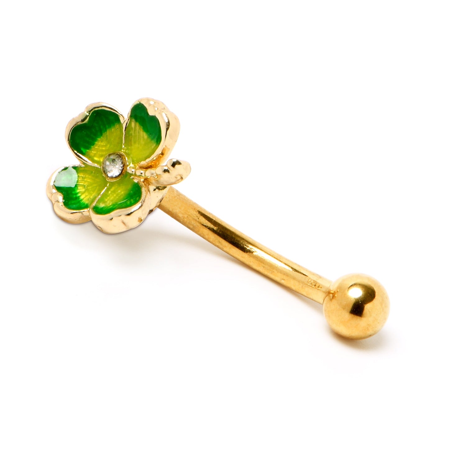 16G 5/16 Clear Gem Gold Tone Lucky Shamrock Curved Eyebrow Ring