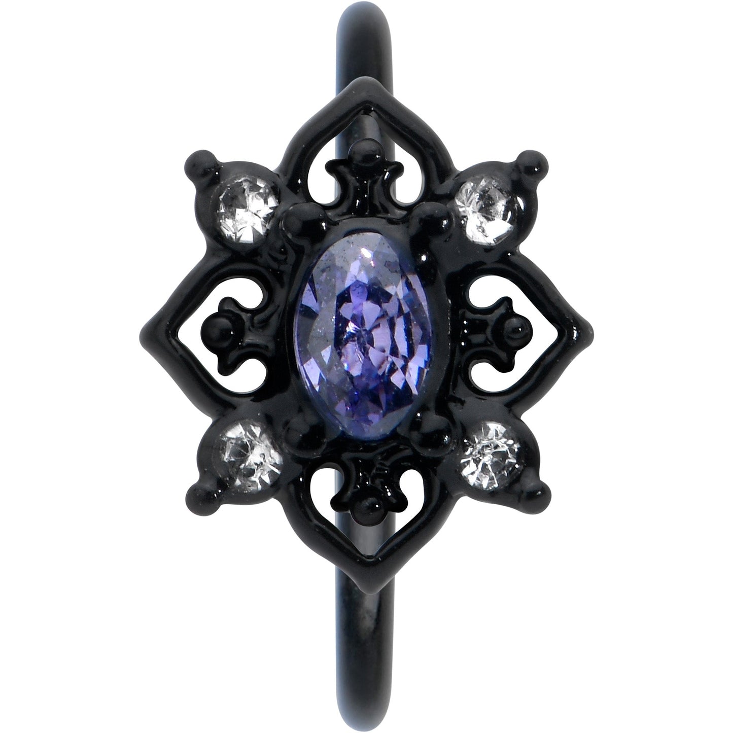 20G 5/16 Purple Gem Black Scrolling Hearts Nose Hoop