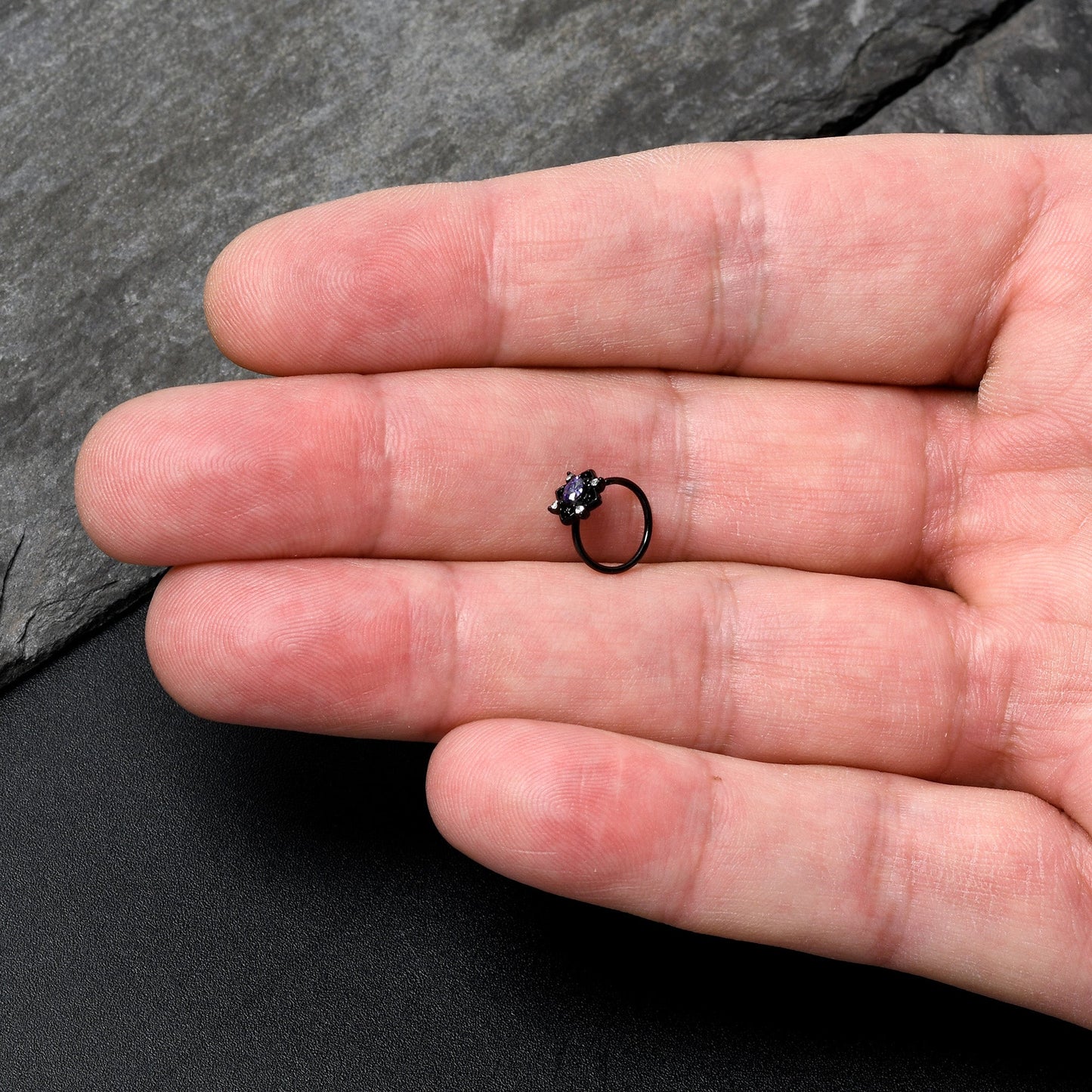 20G 5/16 Purple Gem Black Scrolling Hearts Nose Hoop
