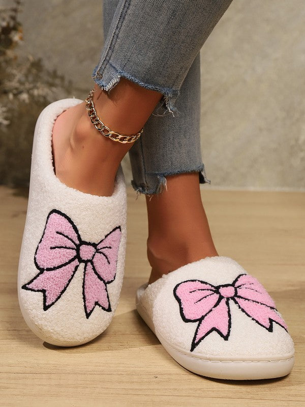 Cute Bowknot Pattern Fuzzy Winter Home Slippers