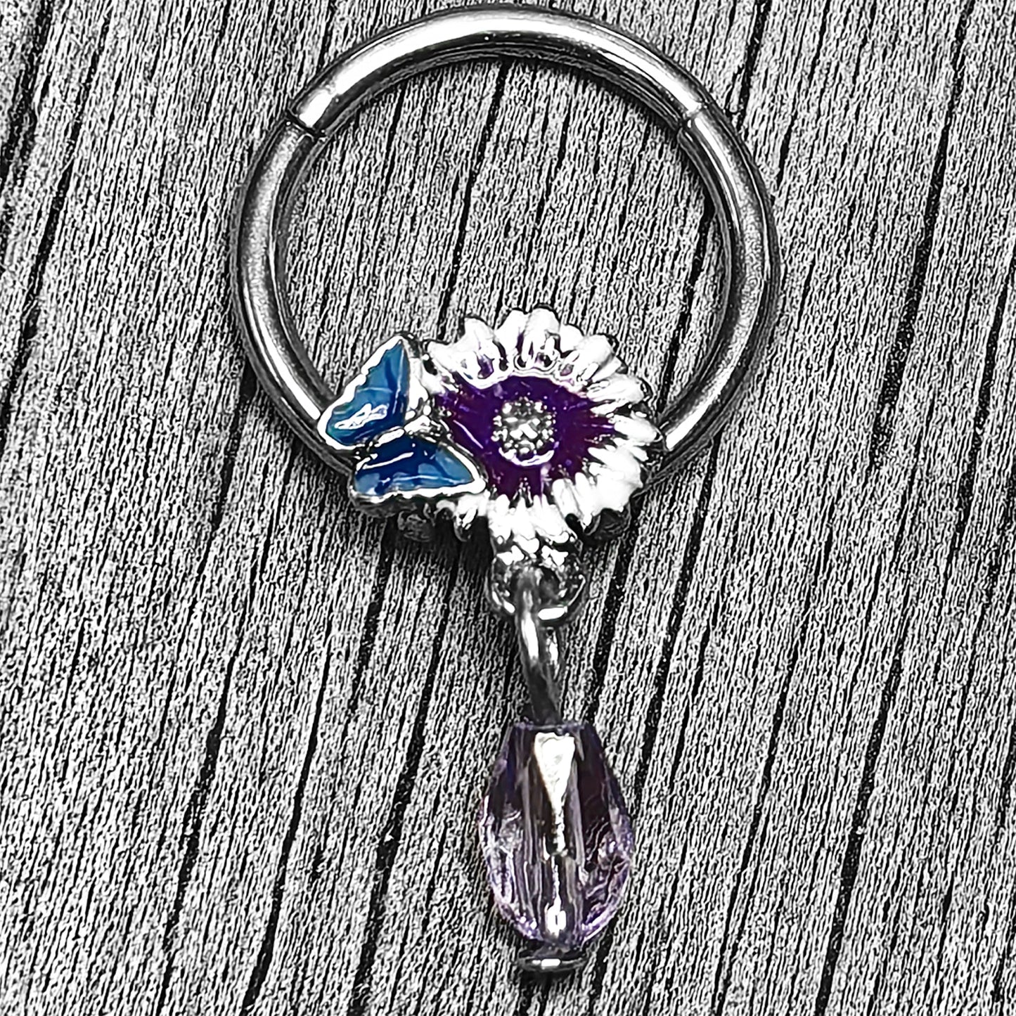 16G 3/8 Purple Gem Passion Flower Butterfly Hinged Segment Ring