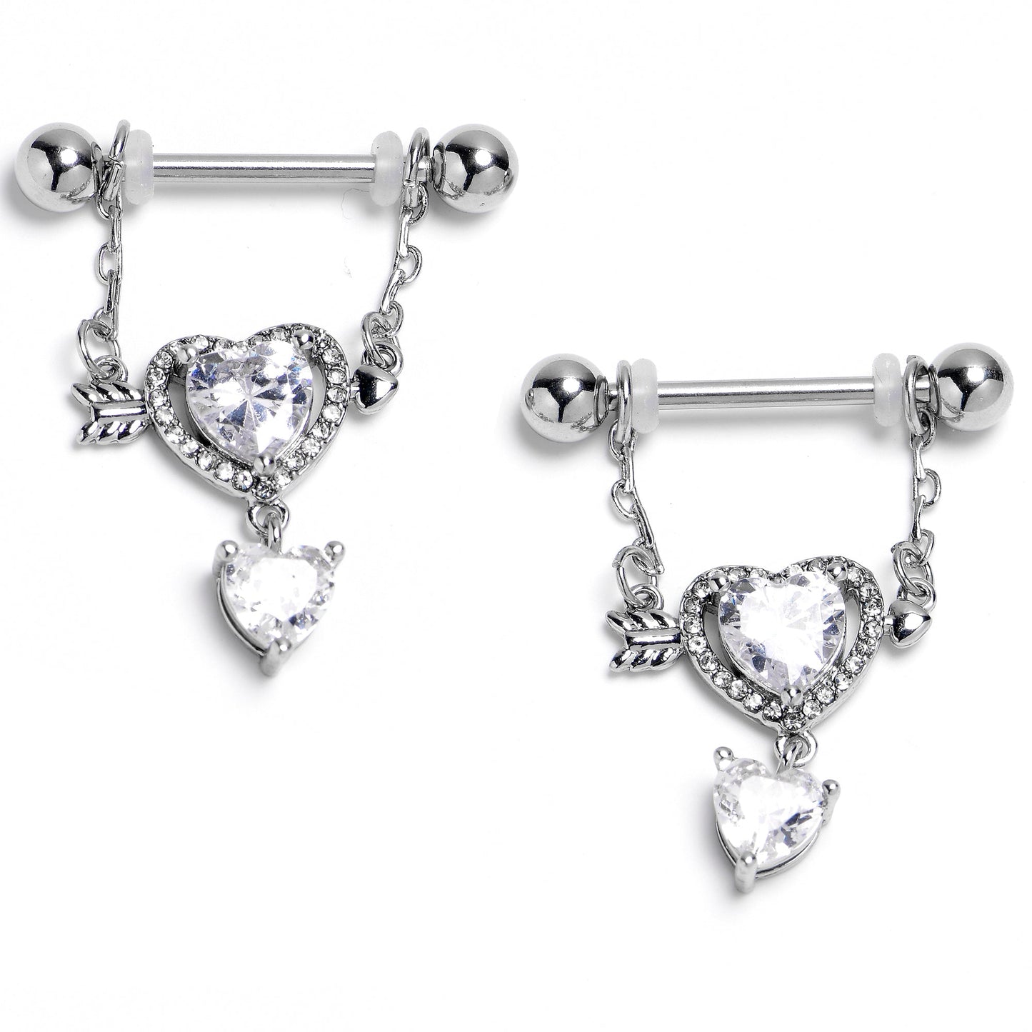 14G Fusion of Love Arrow Heart Dangle Nipple Ring Set