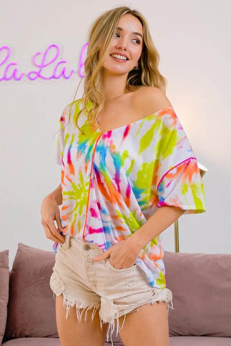 BiBi Tie Dye Print Jersey Stitched V Neck Top