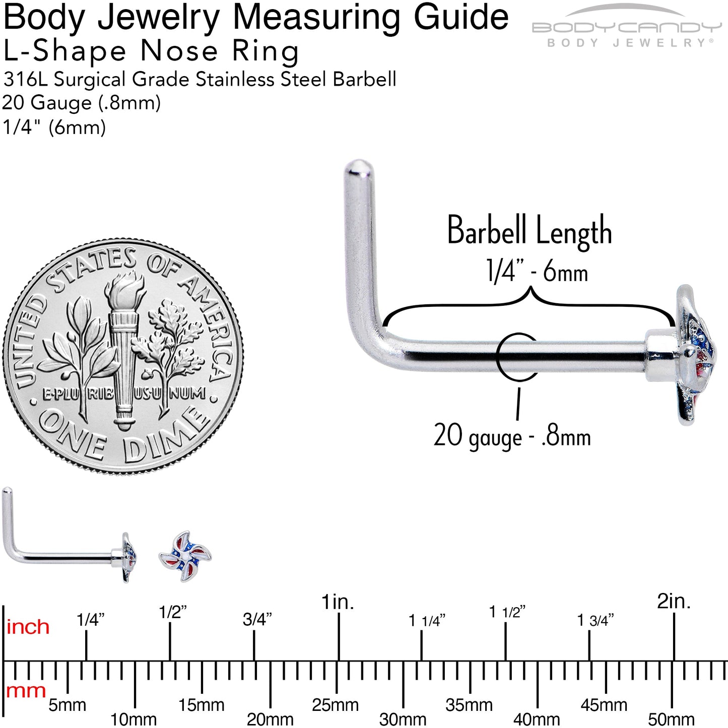 20G 7mm Patriotic Pinwheel L Shape Nose Ring