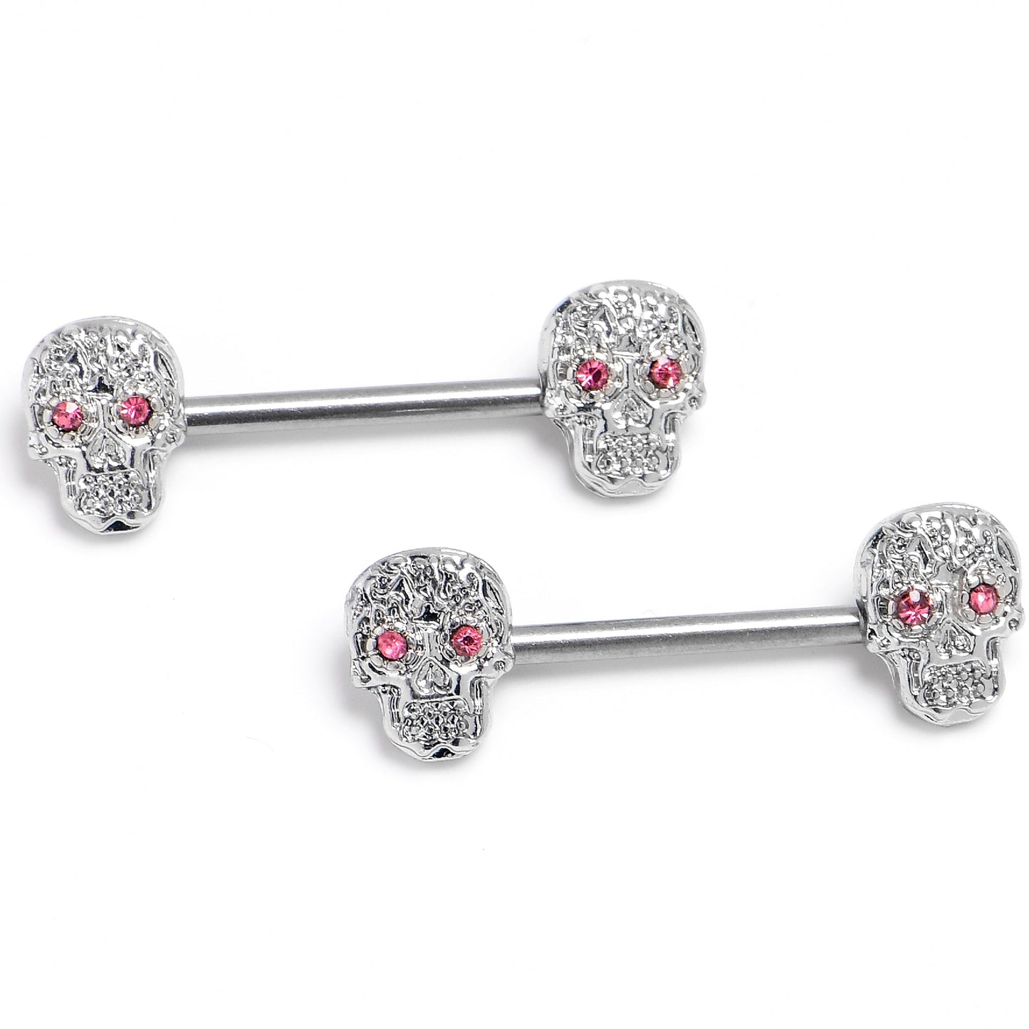 14G 9/16 316L Steel Skulls Pink Gem with Titanium Barbell Nipple Rings