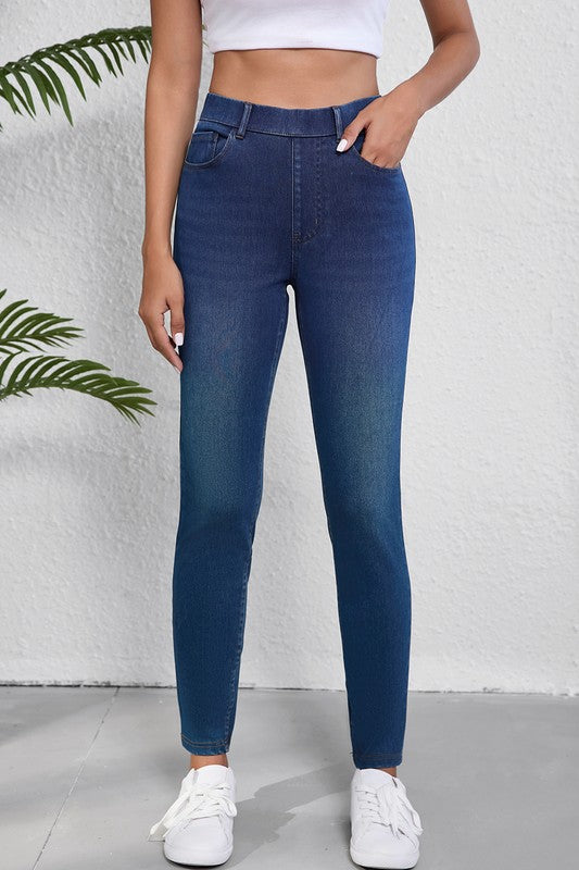 Blue Straight Leg Washed Stretchy Casual Jeans