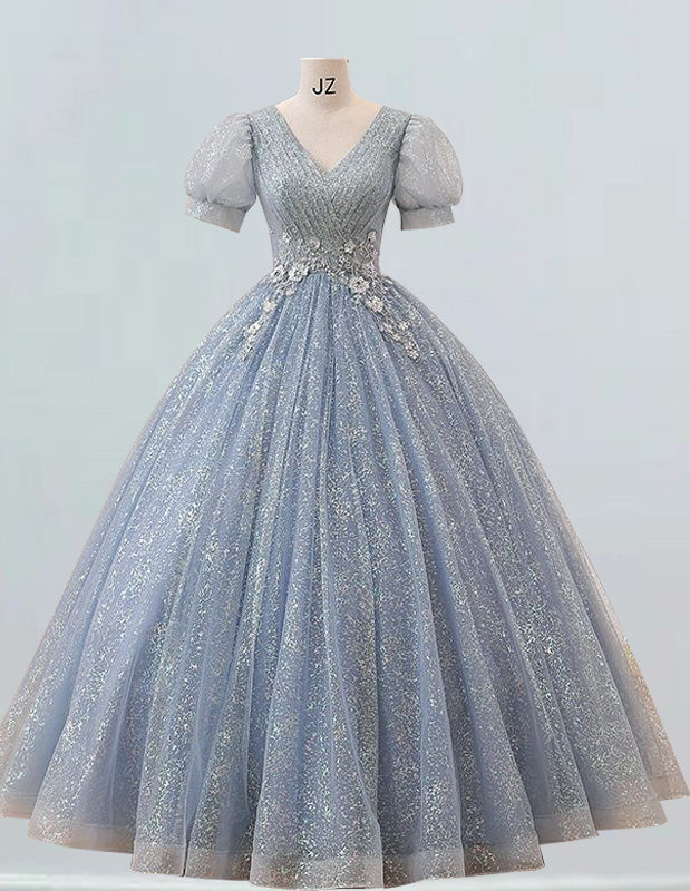 Women's Elegant Lace V-Neck Evening Gown with Sleeves | Princess Prom & Bridesmaid Dress
