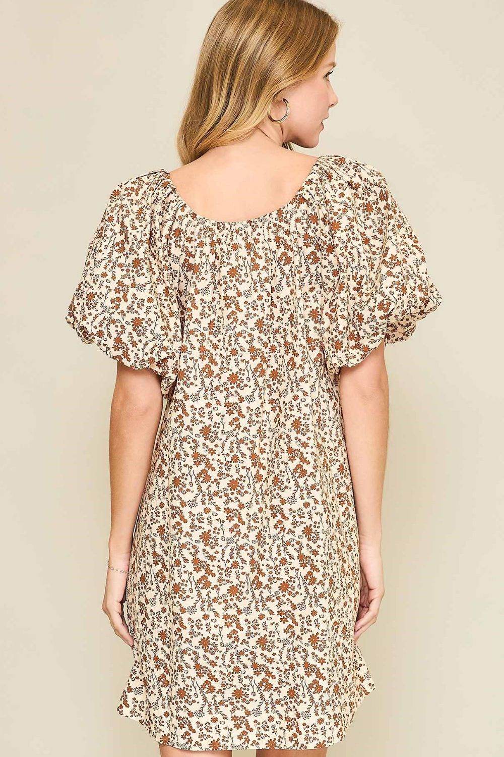 Umgee Full Size Lace Tape Drawstring Floral Puff Sleeve Mini Dress Plus Size