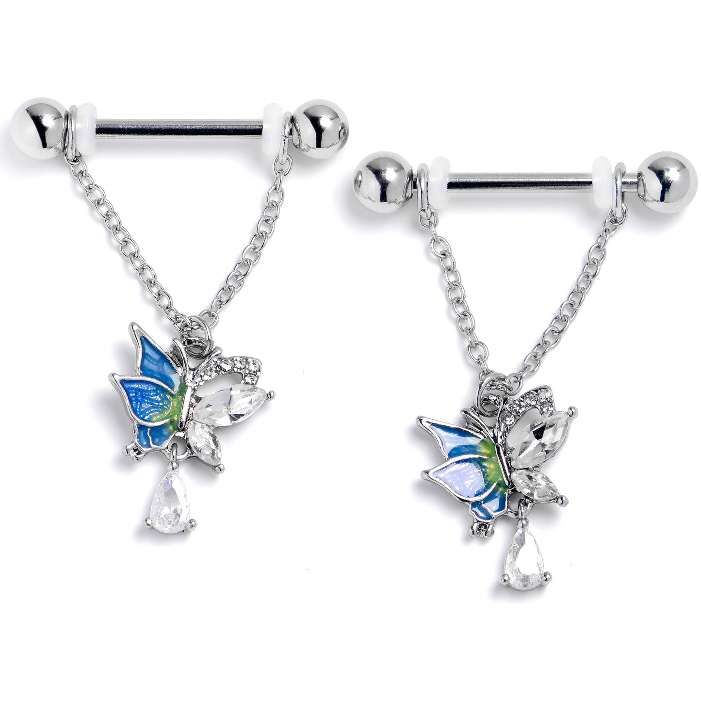 14G 9/16 Clear Gem Dazzling Butterfly Dangle Nipple Ring Set