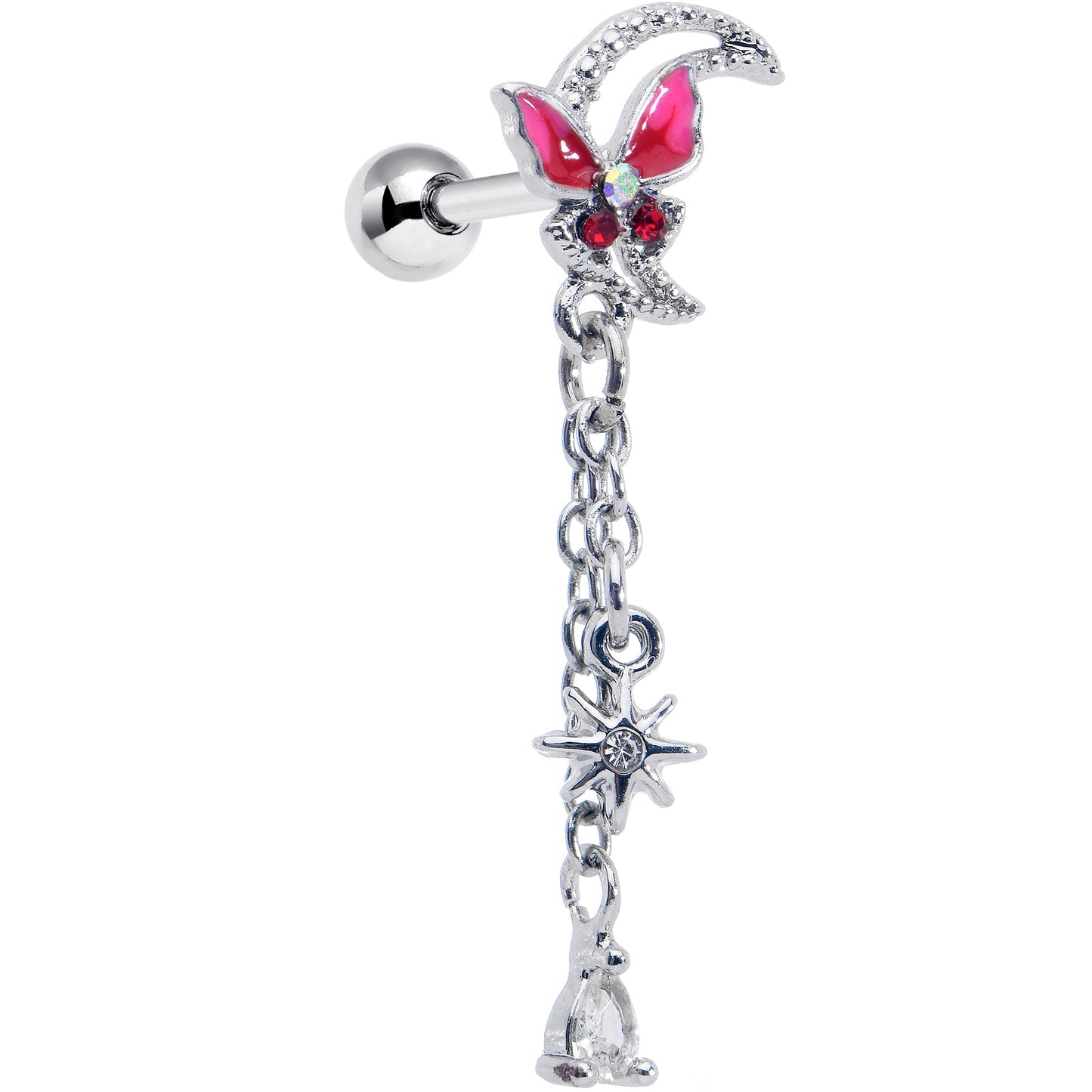 16G 1/4 Clear Gem Butterfly Pink Beauty Dangle Cartilage Earring