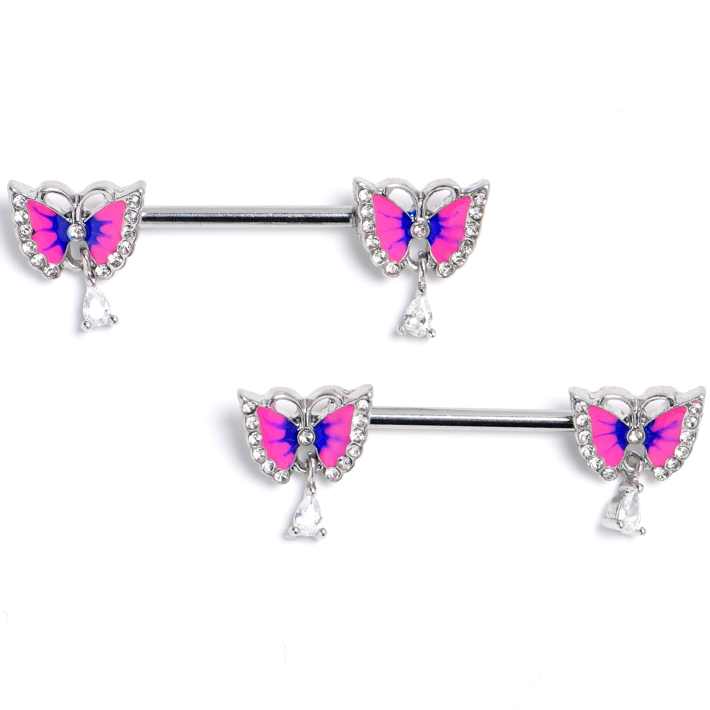14G 9/16 Clear Gem Butterfly Blue Pink Dangle Nipple Ring Set