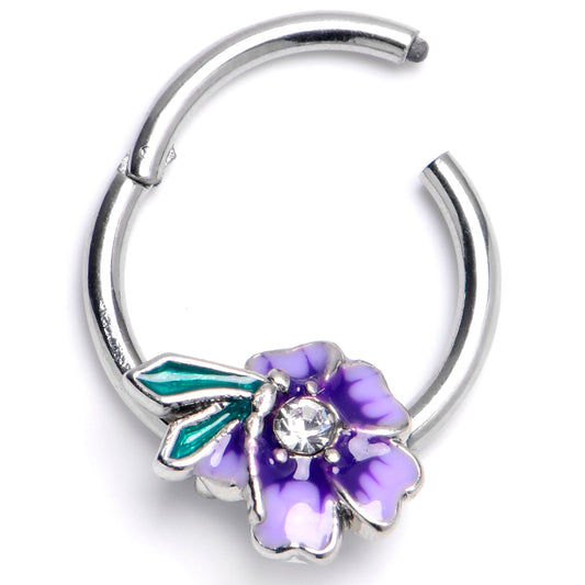 16G 3/8 Clear Gem Flower Purple Beauty Hinged Segment Ring