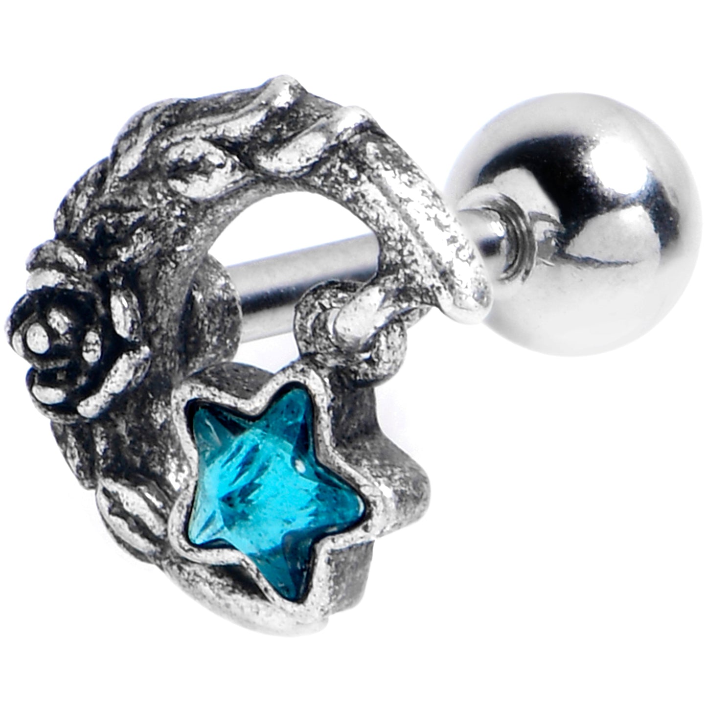 16G 1/4 Blue Gem Ornate Moon Star Cartilage Tragus Earring