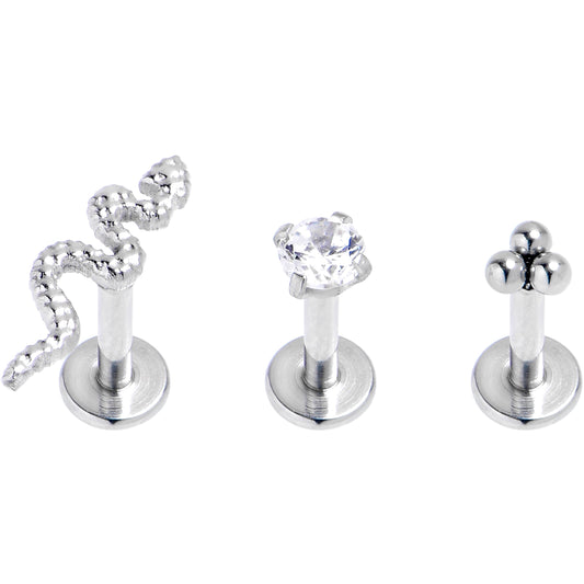 16G 1/4 Clear CZ Gem Snake Ball Trio Labret Tragus Set of 3