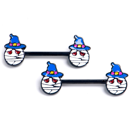 14G 9/16 Black Witch Hat Mummy Halloween Barbell Nipple Ring Set