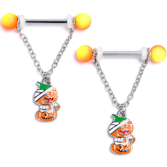 14G 9/16 Mummy Pumpkin Jack OLantern Chain Dangle Nipple Ring Set