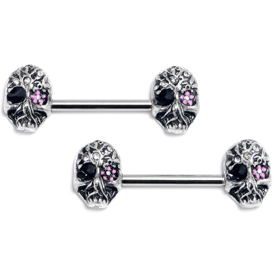 14G 9/16 Clear Gem Stylish Skull Barbell Nipple Ring Set