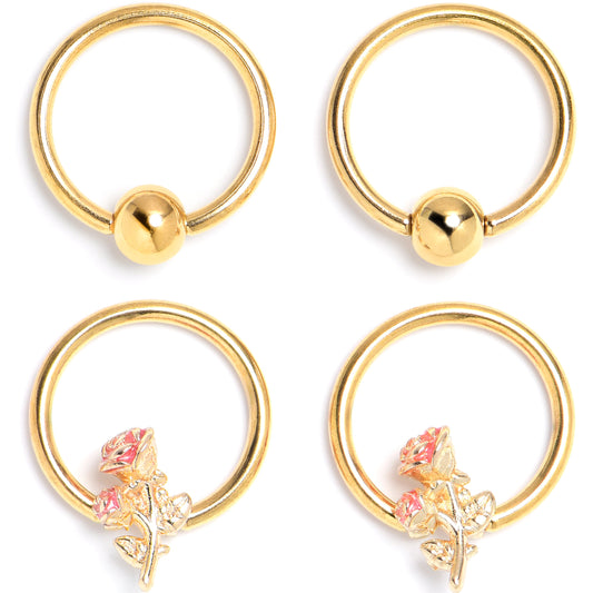 16G 3/8 Gold Tone Regal Rose BCR Captive Ring Set of 4