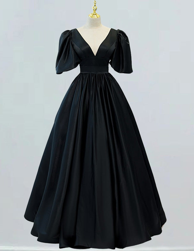 Women's Satin V-Neck Prom Dress | Elegant Evening Gown with Sleeves