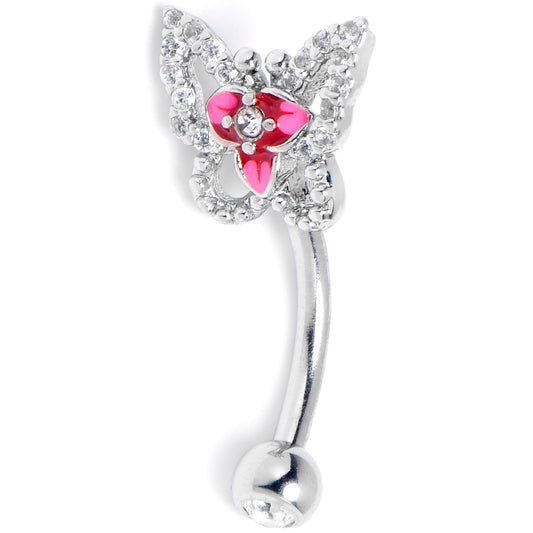 16G 5/16 Clear Gem Fabulous Butterfly Pink Curved Eyebrow Ring