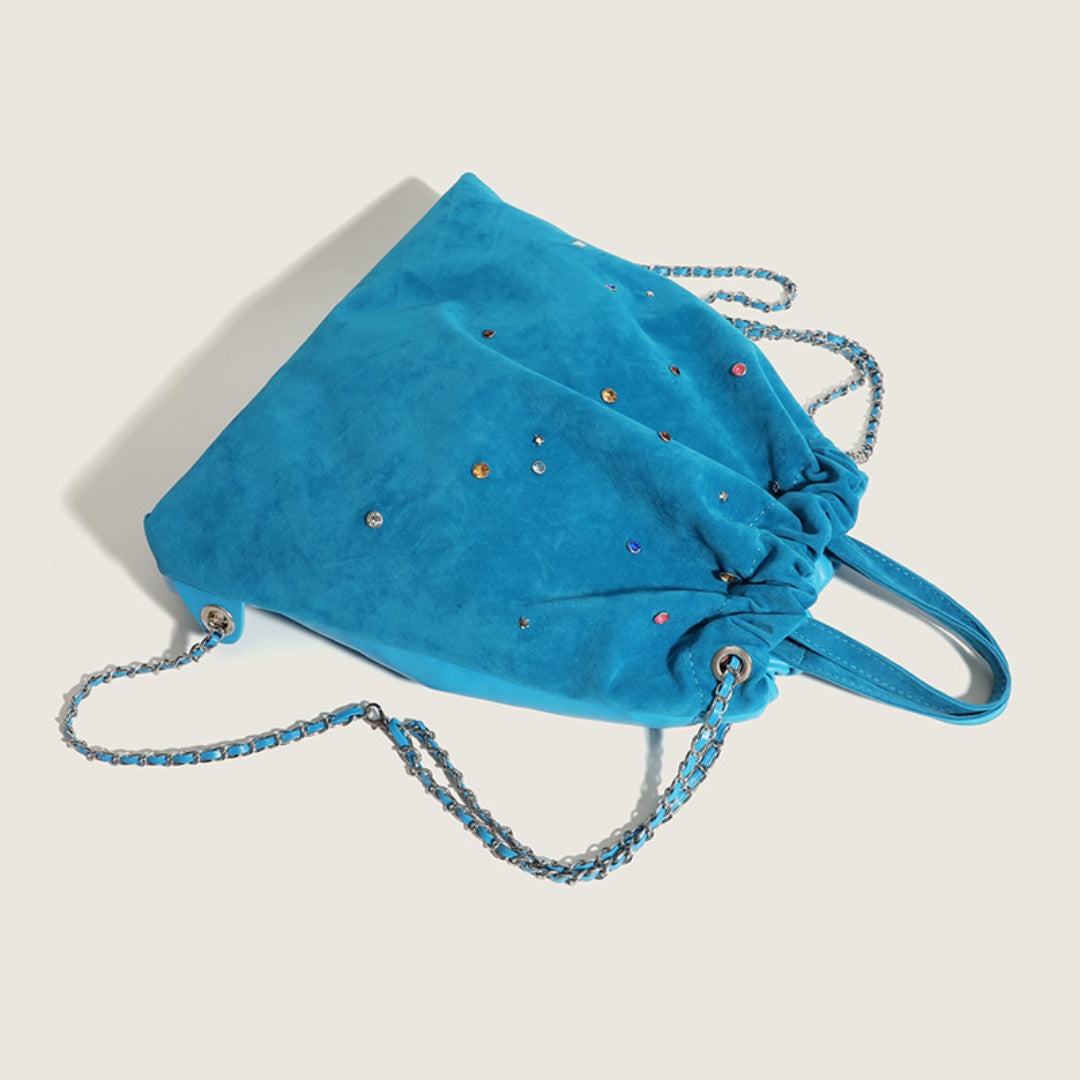 Women's bag matte suede backpack purse, splicing colored gemstone chain backpack, drawstring portable backpack