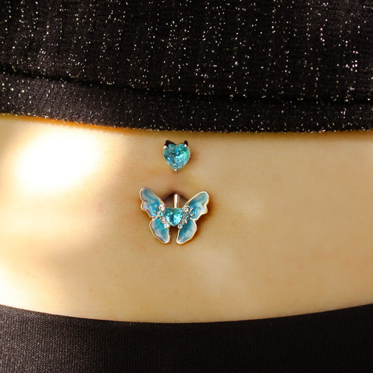 Aqua CZ Gem Butterfly Love Heart Double Mount Belly Ring