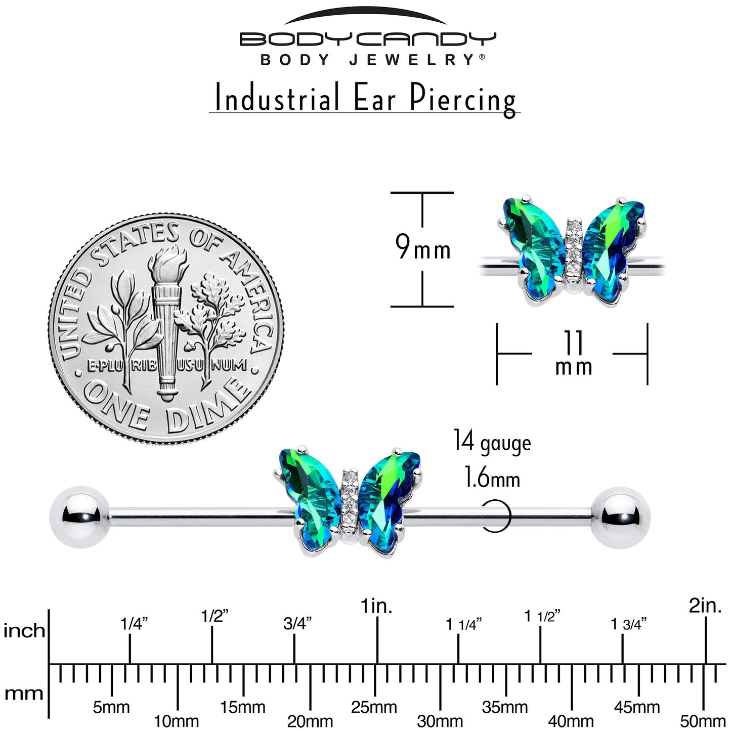 14G Green CZ Gem Simply Colorful Butterfly Industrial Barbell 38mm