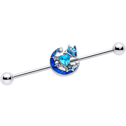 14G Blue CZ Gem Butterfly Love Heart Industrial Barbell 38mm