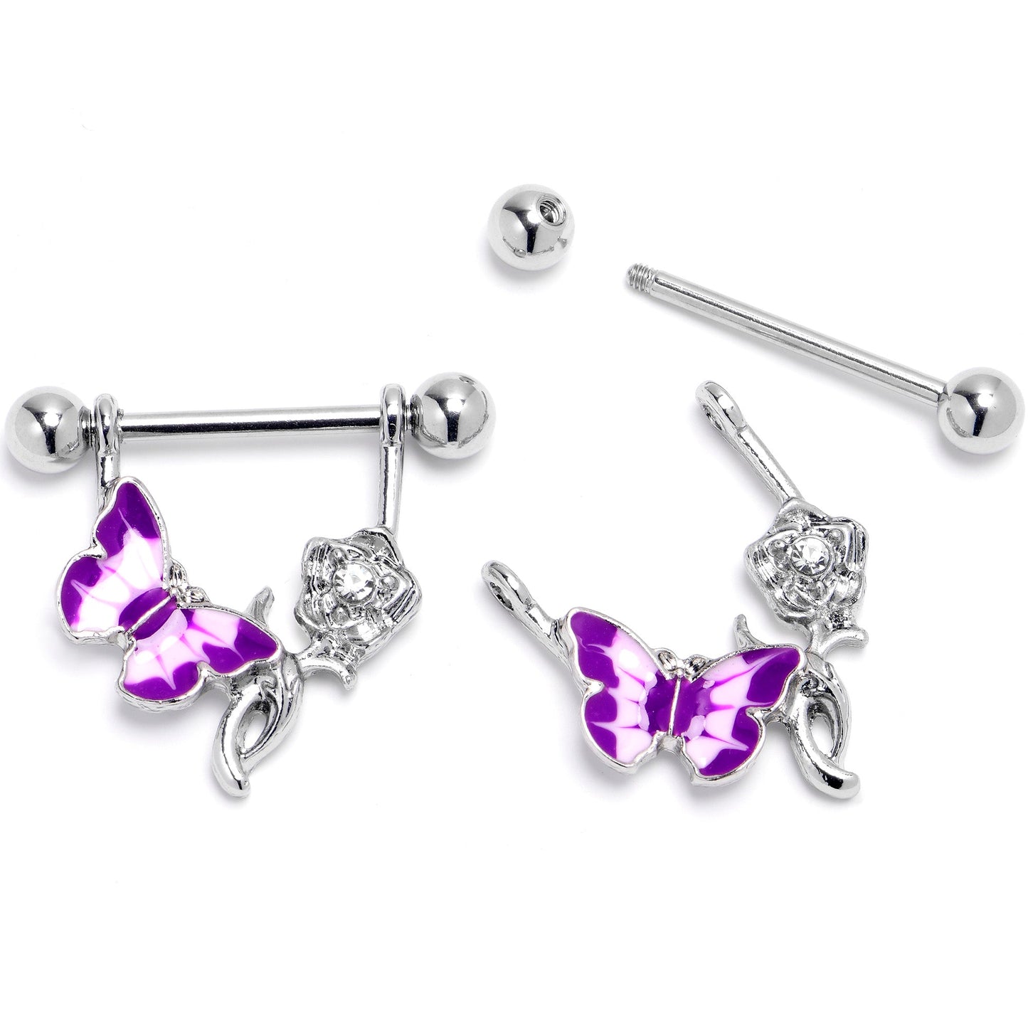 14G 9/16 Butterfly Purple Rose Flower Dangle Nipple Ring Set