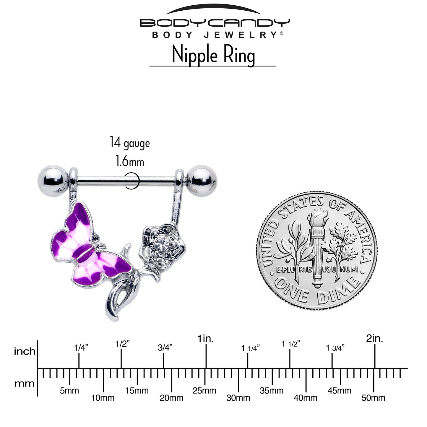 14G 9/16 Butterfly Purple Rose Flower Dangle Nipple Ring Set