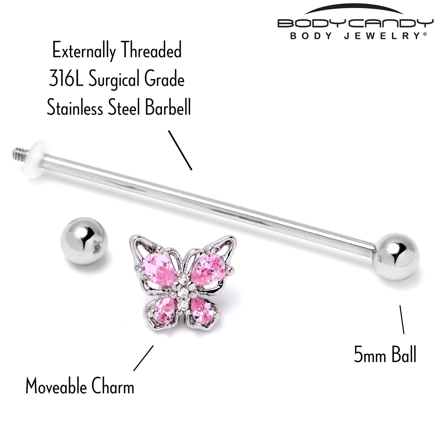 14G Pink Gem Baroque Beauty Butterfly Industrial Barbell 38mm