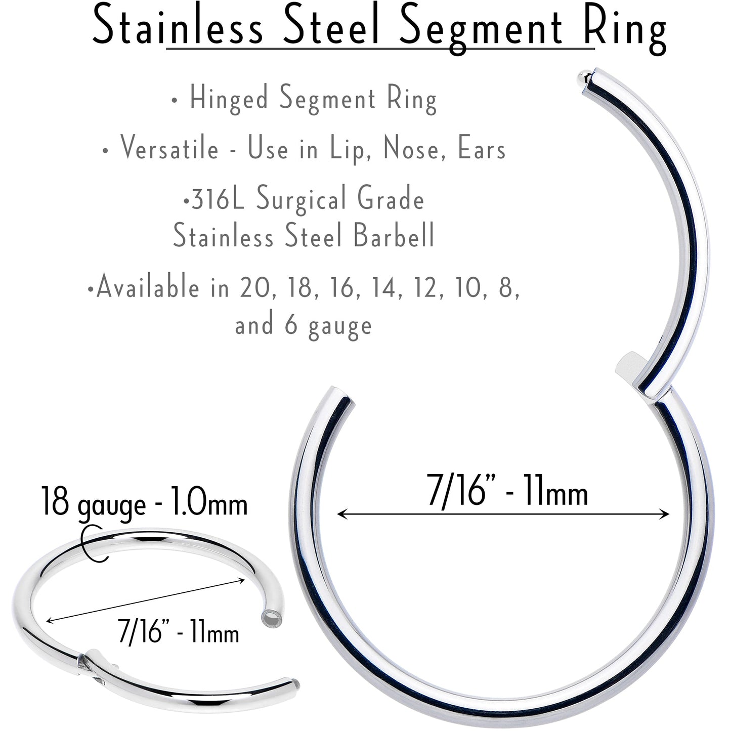 18G 7/16 316L Surgical Steel Precision Hinged Segment Hoop