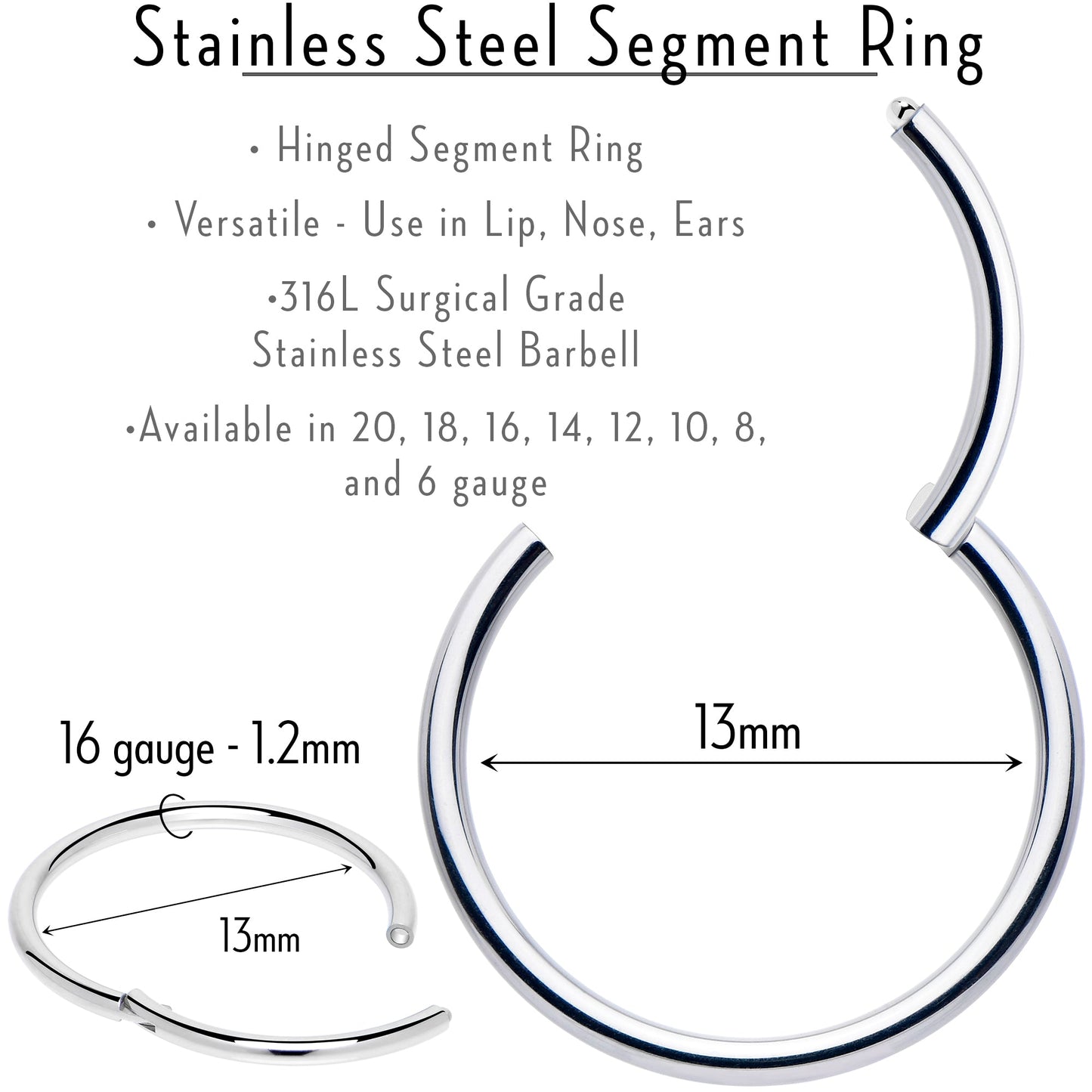 16G 13mm 316L Surgical Steel Precision Hinged Segment Hoop