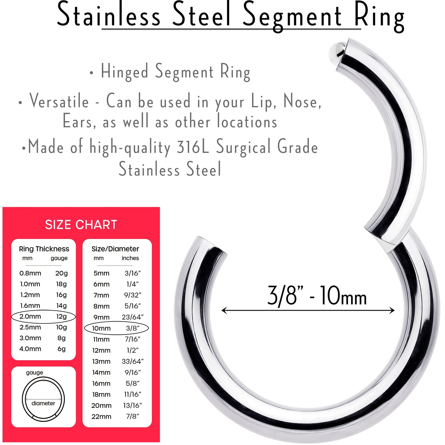 12G 3/8 316L Surgical Steel Precision Hinged Segment Hoop