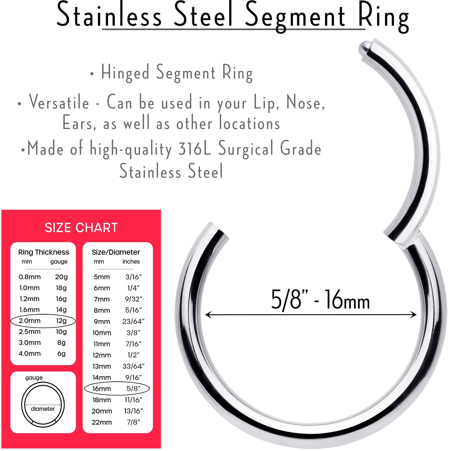 12G 5/8 316L Surgical Steel Precision Hinged Segment Hoop