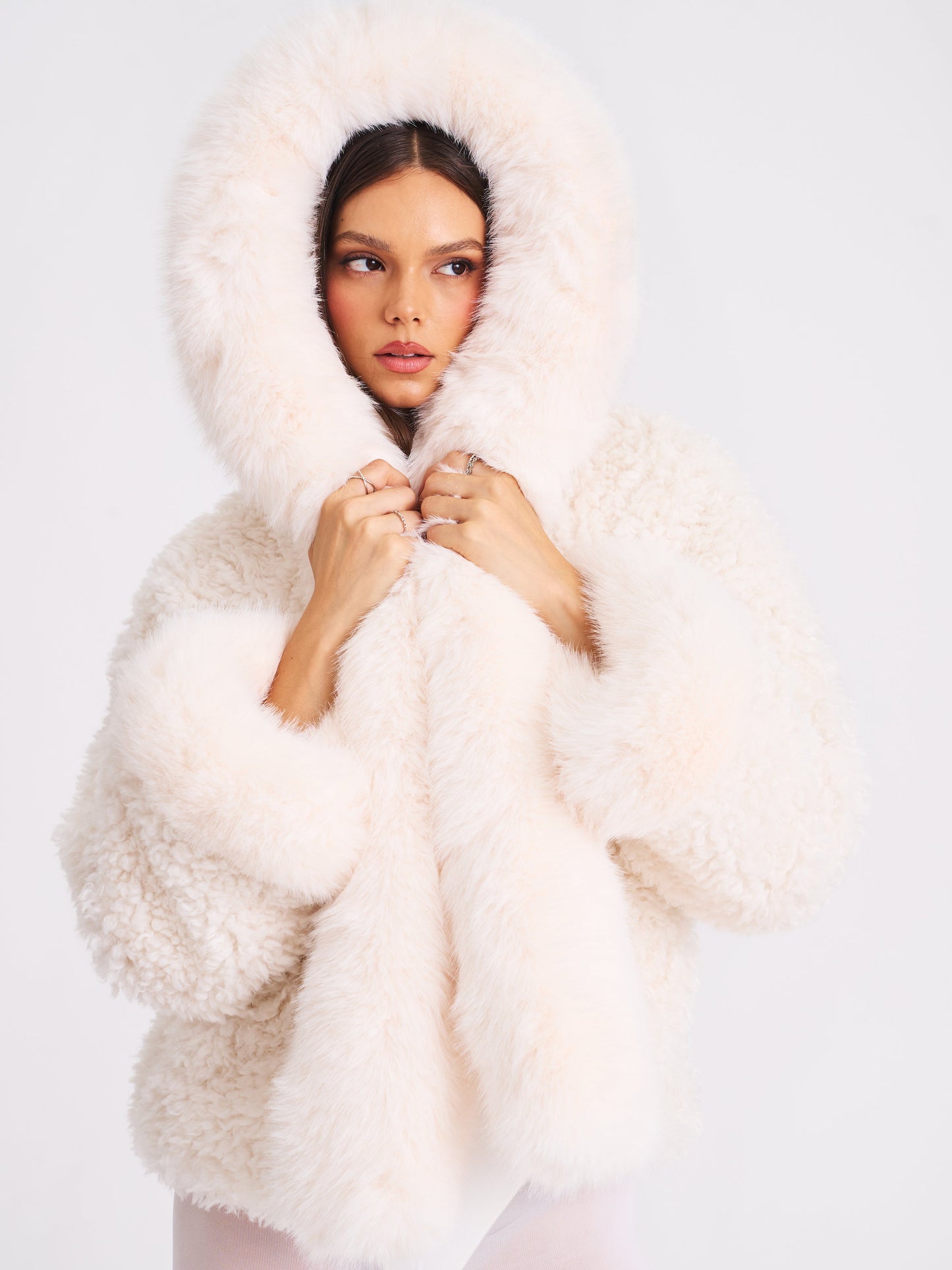 Jumbo Kali White Vegan Shearling Fur Trimmed Coat