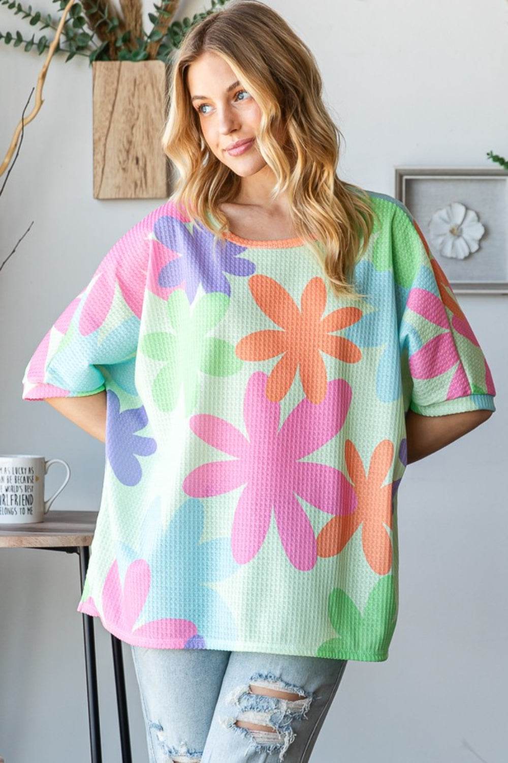 HOPELY Floral Round Neck Waffle T-Shirt