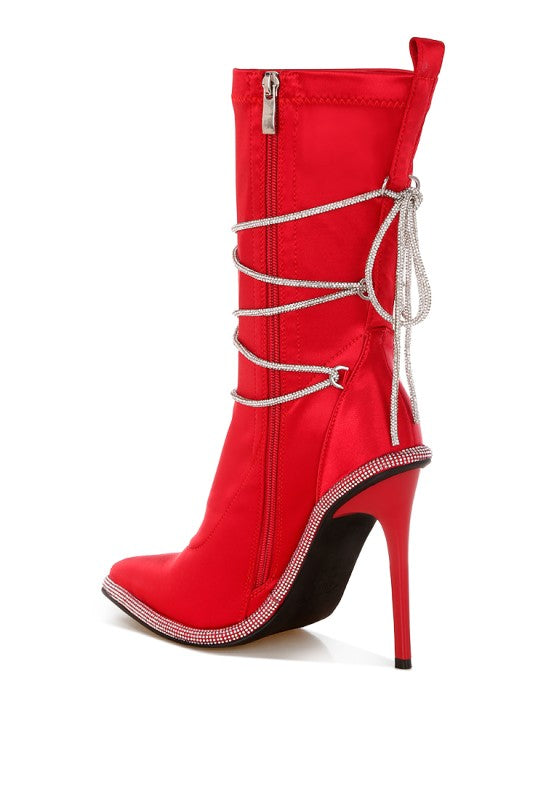 Dacia Rhinestones Strap Satin Calf Boots