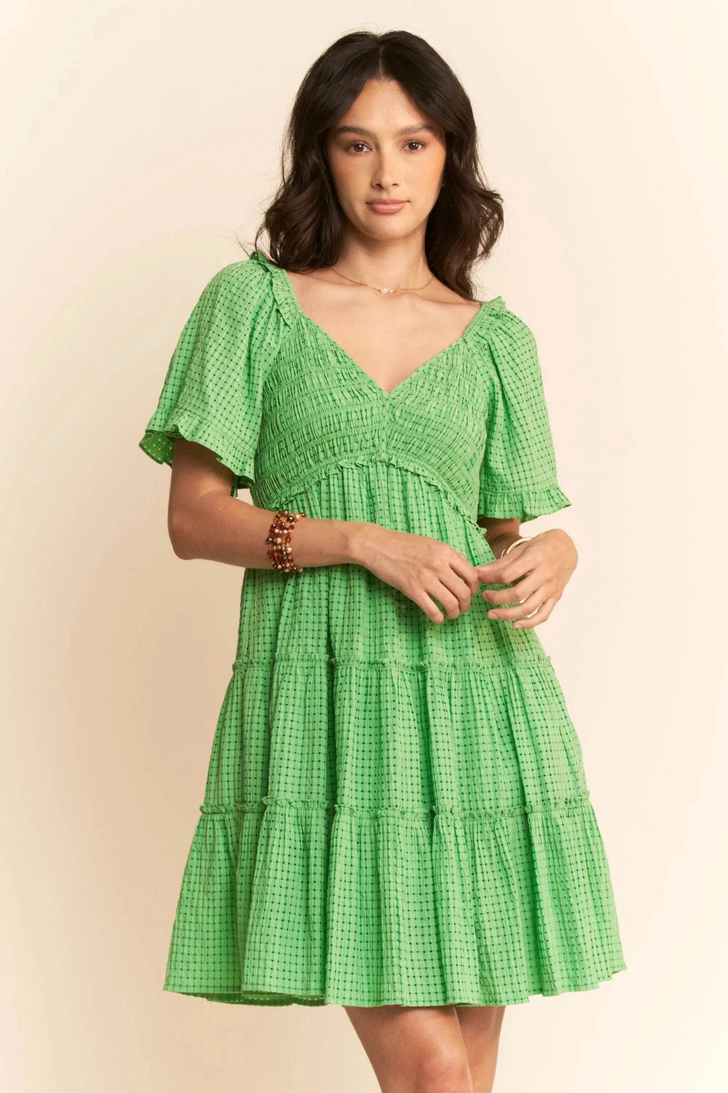 Davi & Dani Jacquard Checker Smocking Tiered Dress