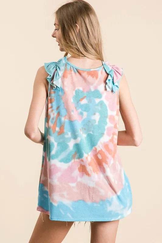 BiBi Circular Tie Dye Knit V Neck Top With Ruffle